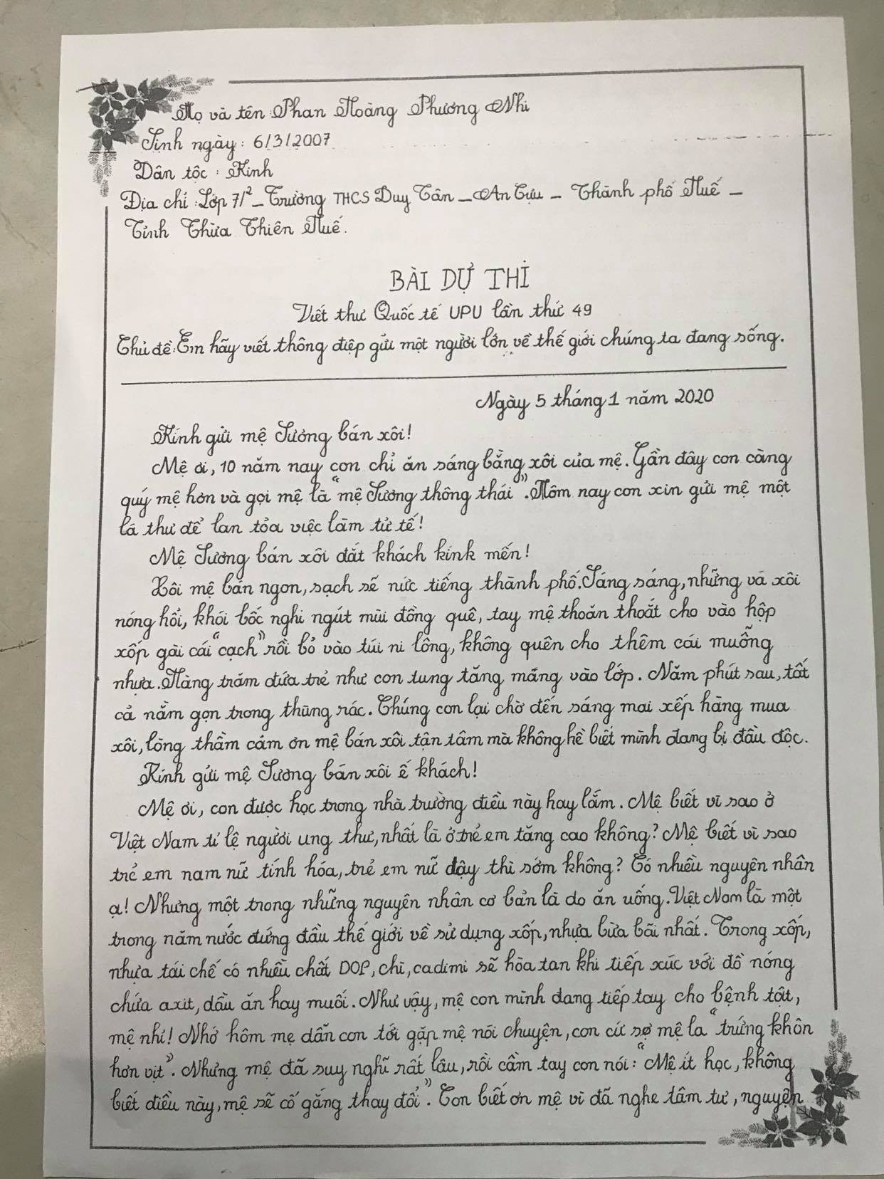 Kêu gọi không dùng hộp xốp đựng xôi, học sinh lớp 7 giành giải nhất viết thư UPU ảnh 1