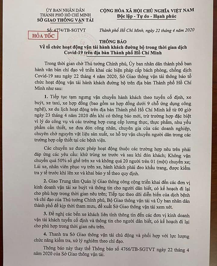 Sở GTVT TPHCM thông báo hỏa tốc dừng hoạt động taxi, xe hợp đồng dưới 9 chỗ ảnh 1