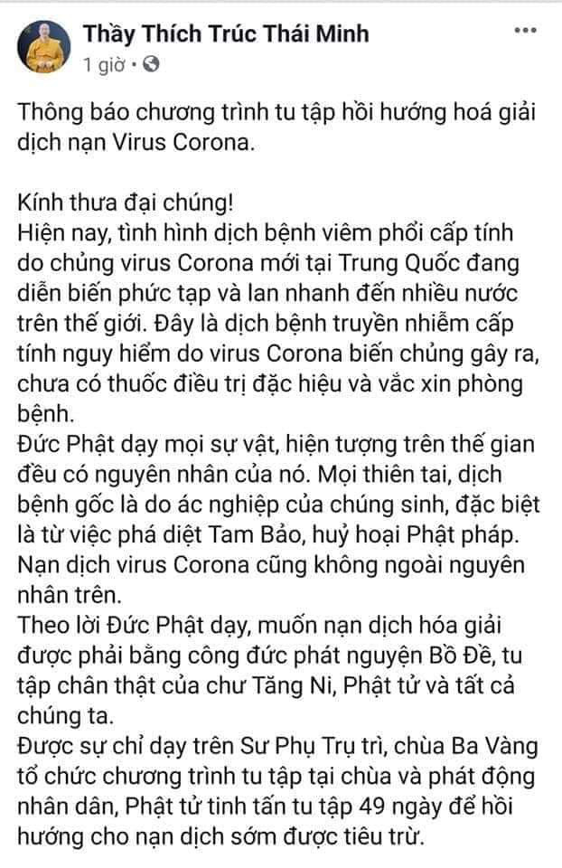 Gỡ bỏ hình ảnh hóa giải nạn dịch Corona gây tranh cãi của sư trụ trì Ba Vàng ảnh 1