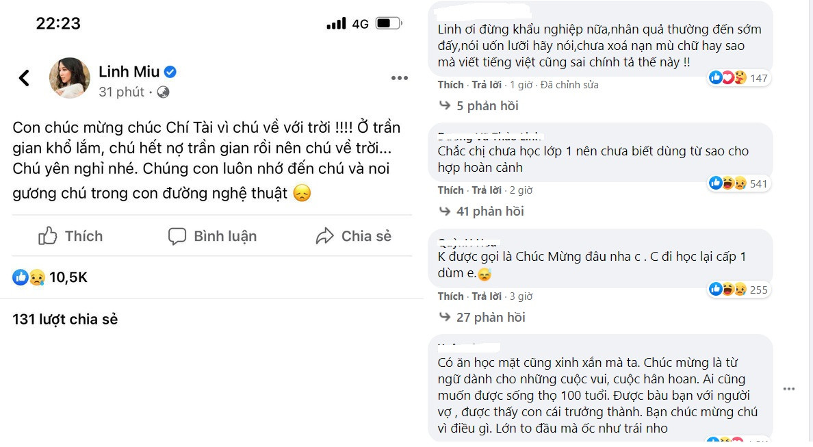 Dân mạng tranh cãi vì phát ngôn của Linh Miu: 'Con chúc mừng chú Chí Tài về với trời' ảnh 1