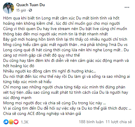 Quách Tuấn Du lên tiếng khi quay livestream khóc lúc Vân Quang Long qua đời gây tranh cãi ảnh 1