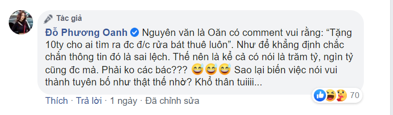 Phương Oanh phản bác câu nói tặng 10 tỷ cho người tìm ra địa chỉ mình rửa bát thuê ảnh 1