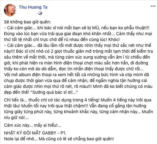 MC VTV Thu Hương chia sẻ cảm xúc bất an khi đối mặt với nguy cơ bị mù 2 mắt ảnh 1