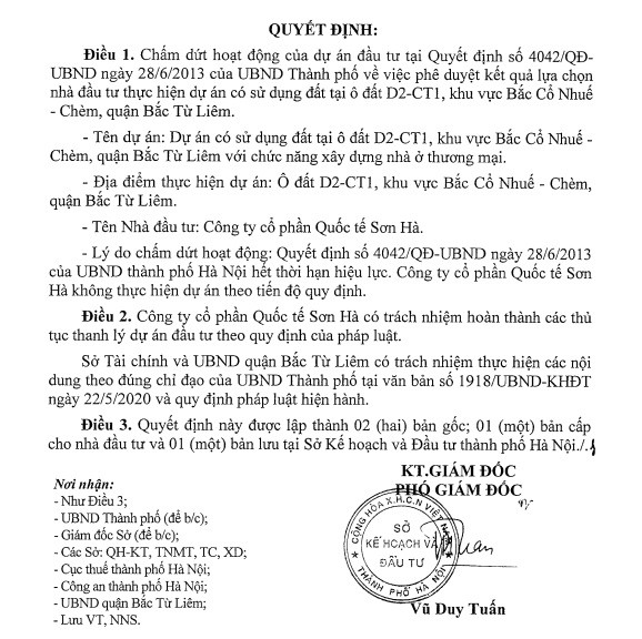 Hà Nội chấm dứt dự án nhà ở 'ôm' đất gần chục năm của Công ty Sơn Hà ảnh 1