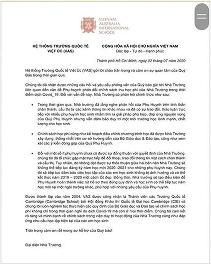 Trường Quốc tế Việt Úc (TP.HCM) phản hồi về việc nhiều học sinh bị buộc phải thôi học ảnh 4