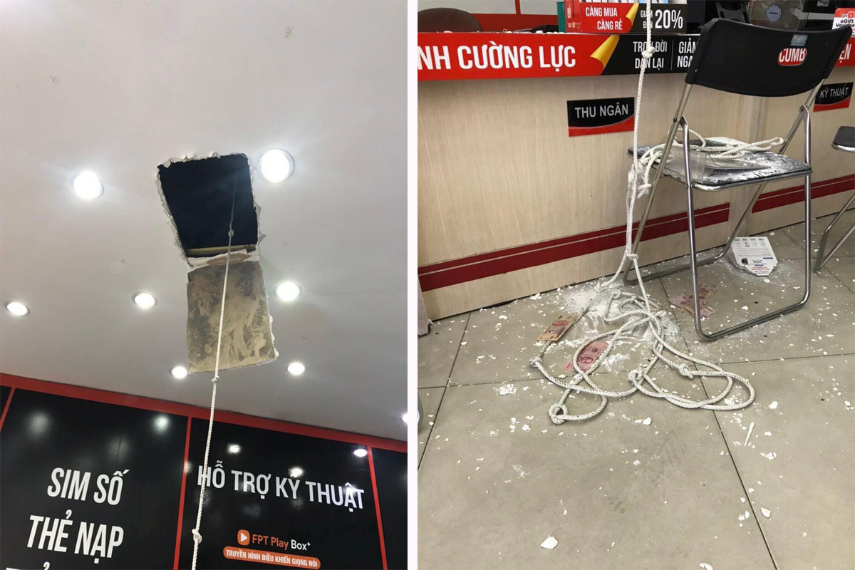 Khoảng trần bị đục để tên trộm đu dây xuống dưới. Thanh niên phá trần nhà, đu dây xuống trộm 120 triệu tại cửa hàng điện thoại ảnh 1