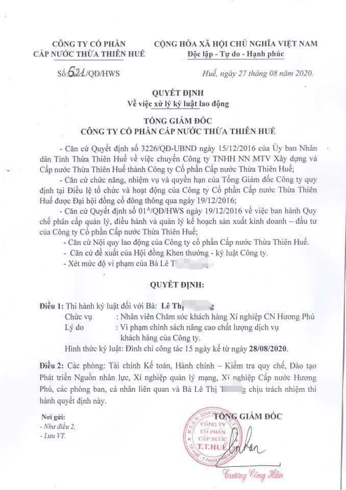 Vụ giấy báo tiền nước 42 triệu đồng ở Huế: Xử lý nhân viên thu ngân ra sao? ảnh 1