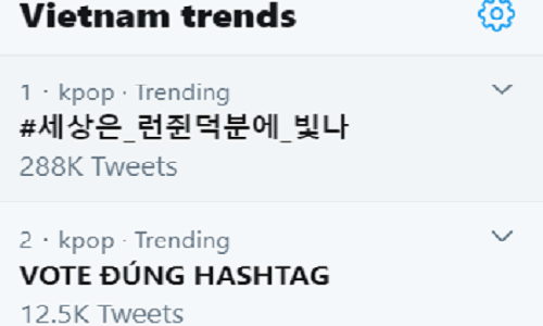 Từ khóa Vote đúng hashtag thường xuyên loanh quanh ở 2 vị trí dẫn đầu. Vì sao các “cao thủ” ARMY lại nhắc nhau “Vote đúng hashtag” trên Twitter? ảnh 2