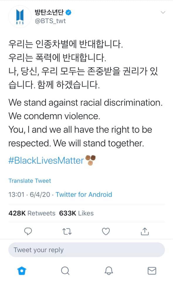 BTS đăng tweet cổ vũ chiến dịch “Black Lives Matter” và đồng thời lên án bạo lực ảnh 1