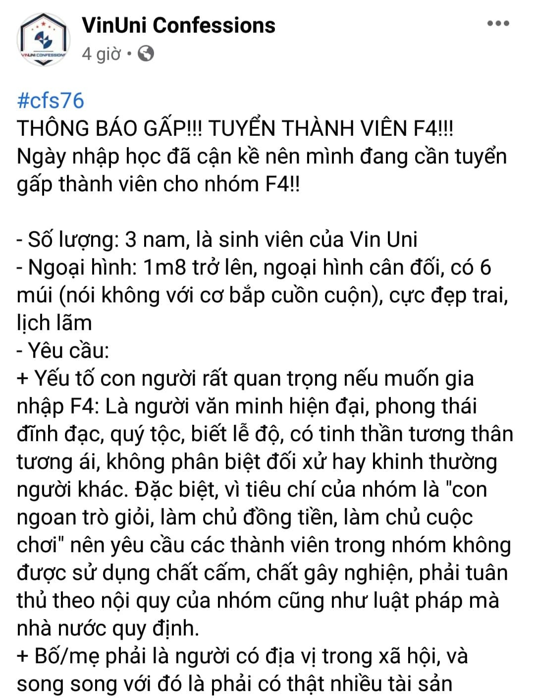 Đăng thông báo tuyển F4 thẻ tín dụng có số dư ít nhất 5 tỉ, trang Confession gây tranh cãi ảnh 1