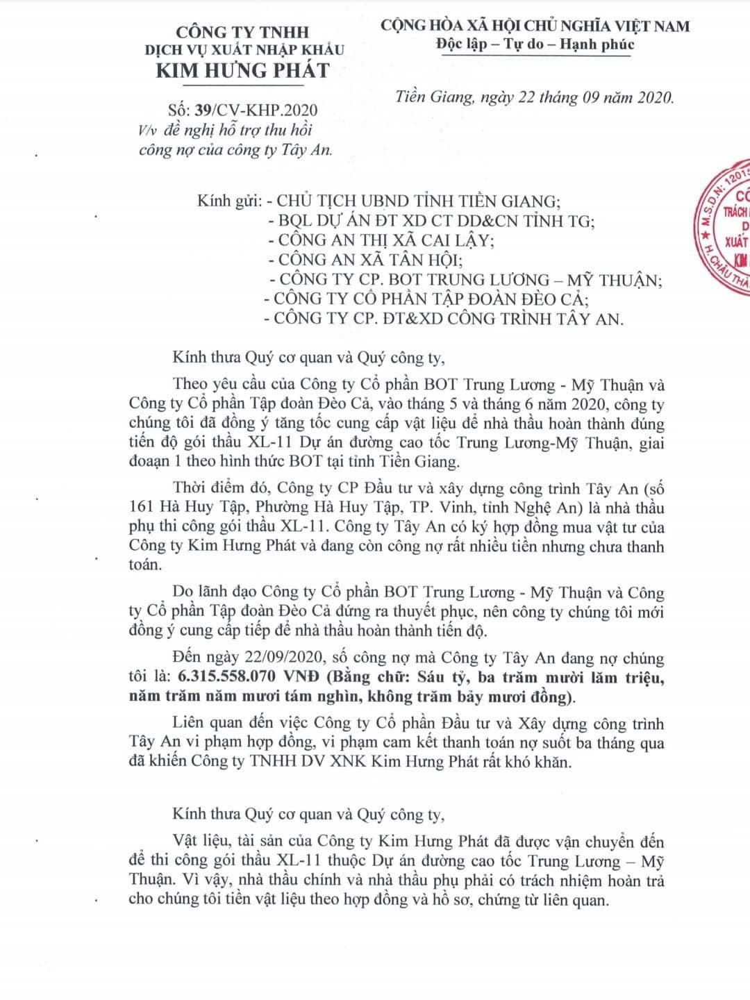 Văn bản của Cty Kim Hưng Phát về việc đề nghị hỗ trợ thu hồi nợ. Lùm xùm chuyện nhà thầu nợ tiền tại dự án cao tốc Trung Lương - Mỹ Thuận ảnh 2