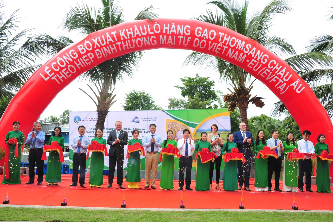 Nghi thức cắt băng công bố xuất khẩu lô hàng gạo thơm đi châu Âu. Ảnh: HV Xuất khẩu lô hàng gạo thơm đầu tiên sang châu Âu theo hiệp định EVFTA ảnh 1