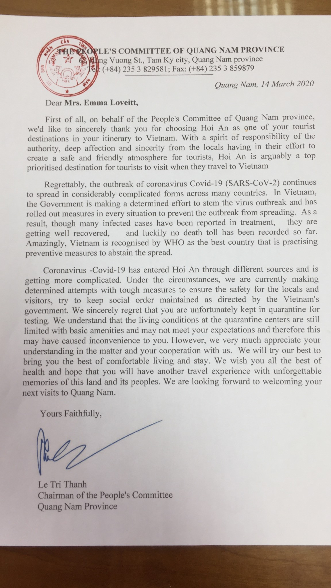 Chủ tịch tỉnh Quảng Nam gửi thư chia sẻ với du khách cách ly vì Covid - 19 ảnh 1
