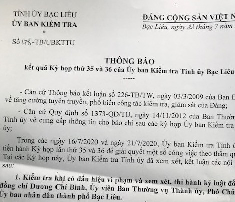 Cảnh cáo Phó Chủ tịch UBND thành phố Bạc Liêu ảnh 1