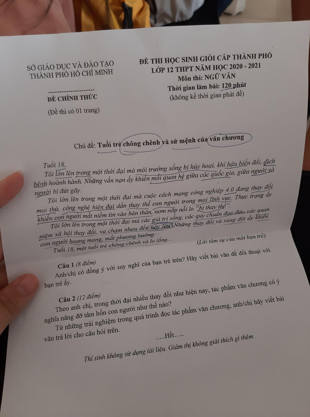 Đề thi Học sinh Giỏi môn Văn lớp 12 tại TP.HCM lấy chủ đề “tuổi trẻ chông chênh“ ảnh 1