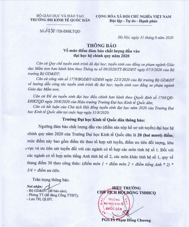 ĐH Kinh tế Quốc dân công bố mức điểm sàn xét tuyển năm 2020, điểm chuẩn tăng bao nhiêu? ảnh 1