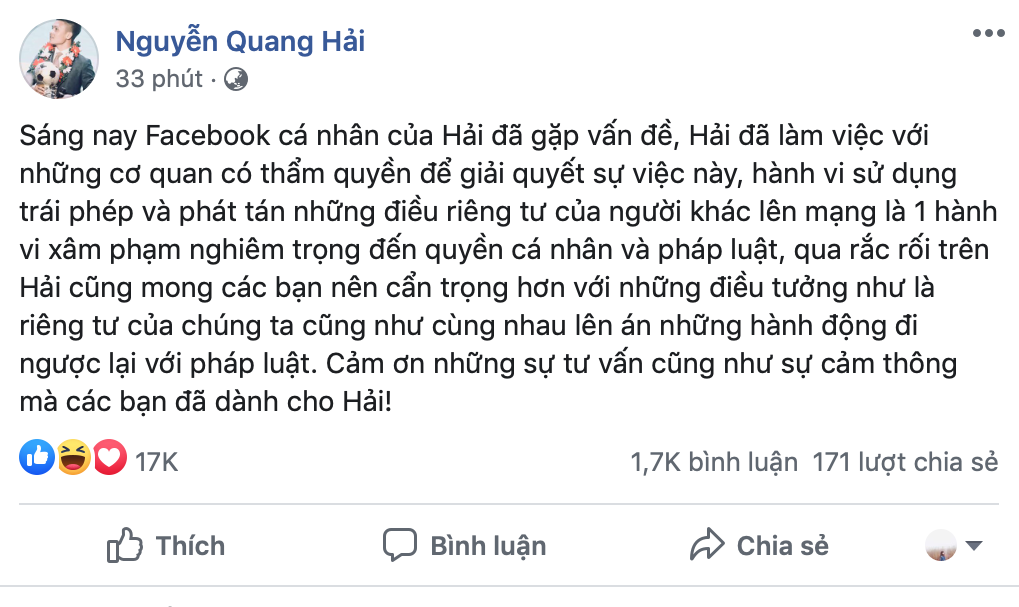 NÓNG: Quang Hải lên tiếng sau khi bị kẻ xấu hack FB cá nhân, tung tin nhắn riêng tư ảnh 2