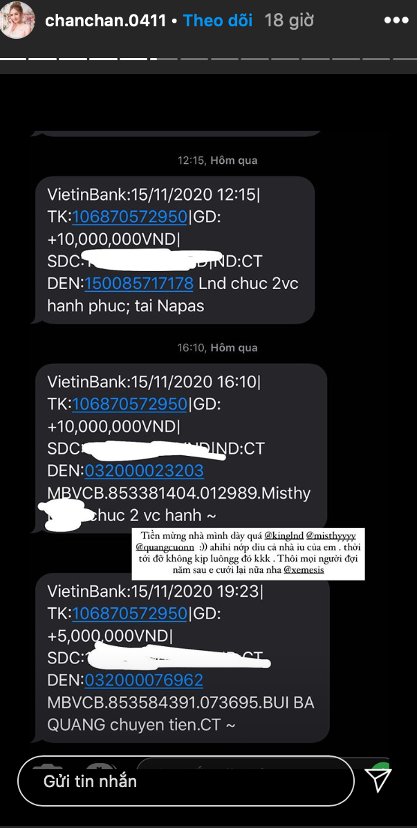Cô nàng còn thích thú khoe tin nhắn chuyển khoản mừng đám cưới đến từ Linh Ngọc Đàm, Misthy... Vợ của "streamer giàu nhất Việt Nam" Xemesis đáp trả cực gắt khi bị dân mạng mỉa mai ảnh 5