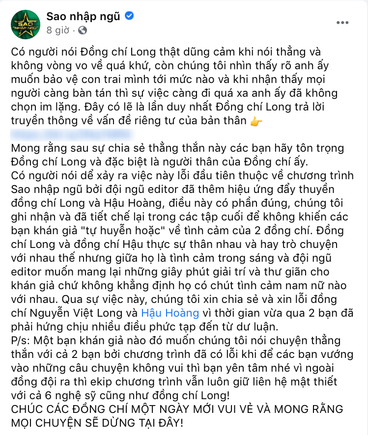Ê-kíp “Sao Nhập Ngũ” lên tiếng xin lỗi vì đã “đẩy thuyền” Mũi trưởng Long - Hậu Hoàng ảnh 2