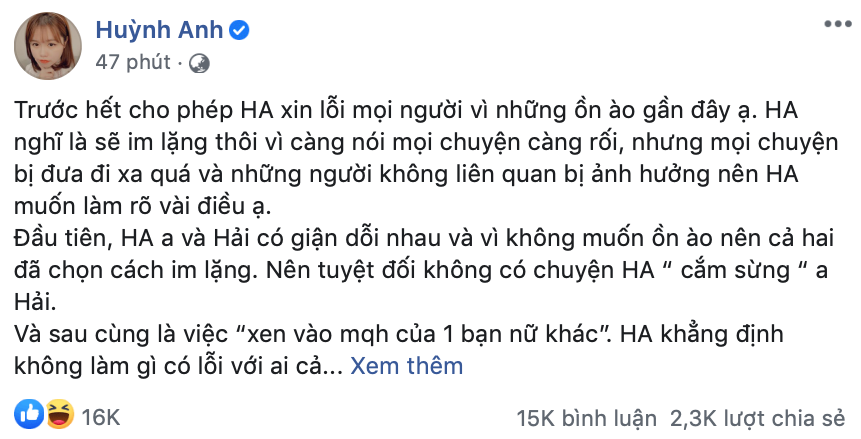 Bài đăng phân trần trên Facebook của Huỳnh Anh. Dân mạng tấn công Facebook của Quang Hải giữa ồn ào Huỳnh Anh là “người thứ ba“ ảnh 7