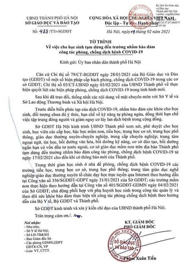 Sở GD&ĐT Hà Nội đề xuất cho học sinh tiếp tục nghỉ học để phòng chống dịch COVID-19 ảnh 1