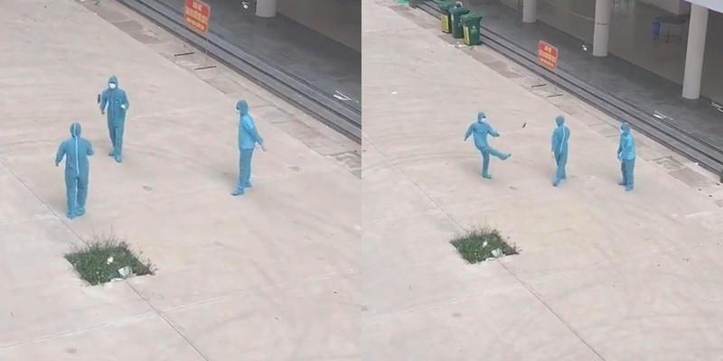 Giây phút thư giãn hiếm hoi: Nhân viên chống dịch mặc nguyên đồ bảo hộ chơi đá cầu ảnh 1