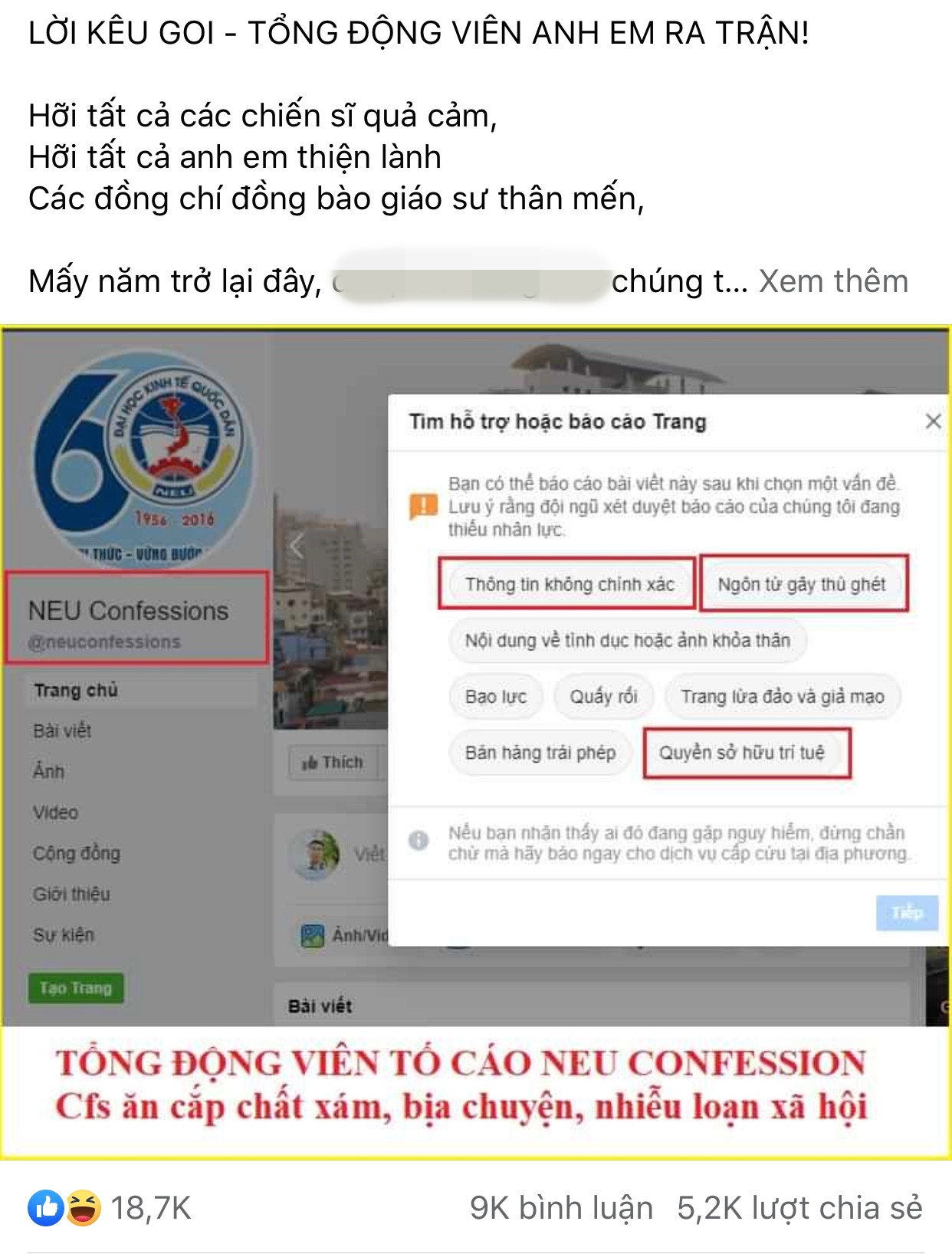 Bài đăng kêu gọi “report” fanpage NEU Confessions với lý do ăn cắp chất xám, xào bài. Cộng đồng mạng liên tiếp “report”, thêm một fanpage lớn của giới sinh viên “bay màu“ ảnh 1