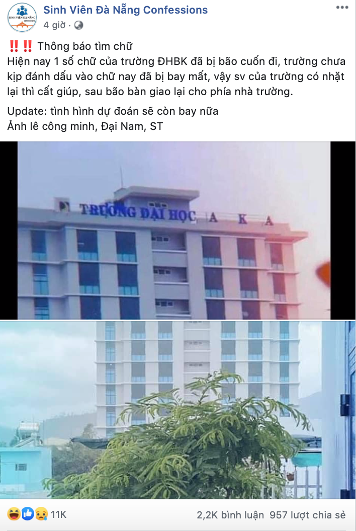 Đà Nẵng: Bảng tên trường đại học bị bão cuốn bay, sinh viên nhờ cộng đồng mạng tìm hộ ảnh 1
