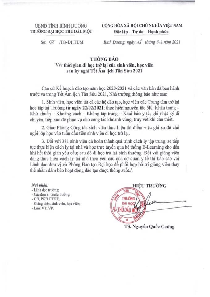 Trường ĐH Thủ Dầu Một yêu cầu học tập trung từ 22/2, sinh viên hoang mang ảnh 1