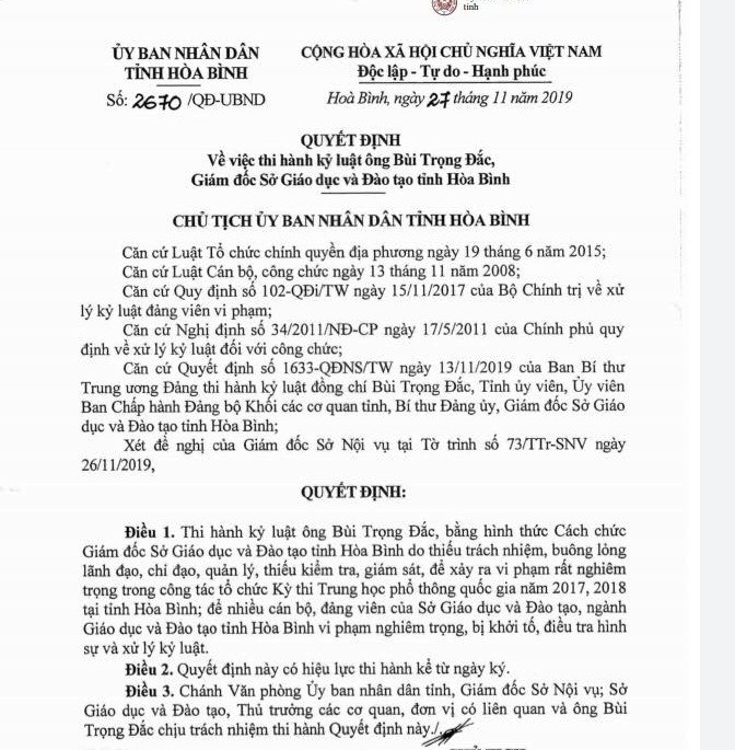 Cách chức Giám đốc Sở Giáo dục và Đào tạo Hòa Bình ảnh 1
