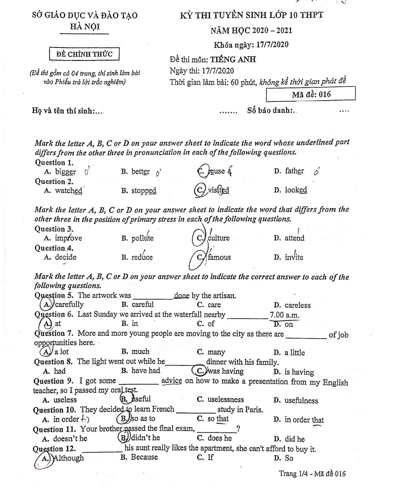Gợi ý đáp án đề thi môn Tiếng Anh kỳ thi tuyển sinh lớp 10 THPT của Hà Nội ảnh 1