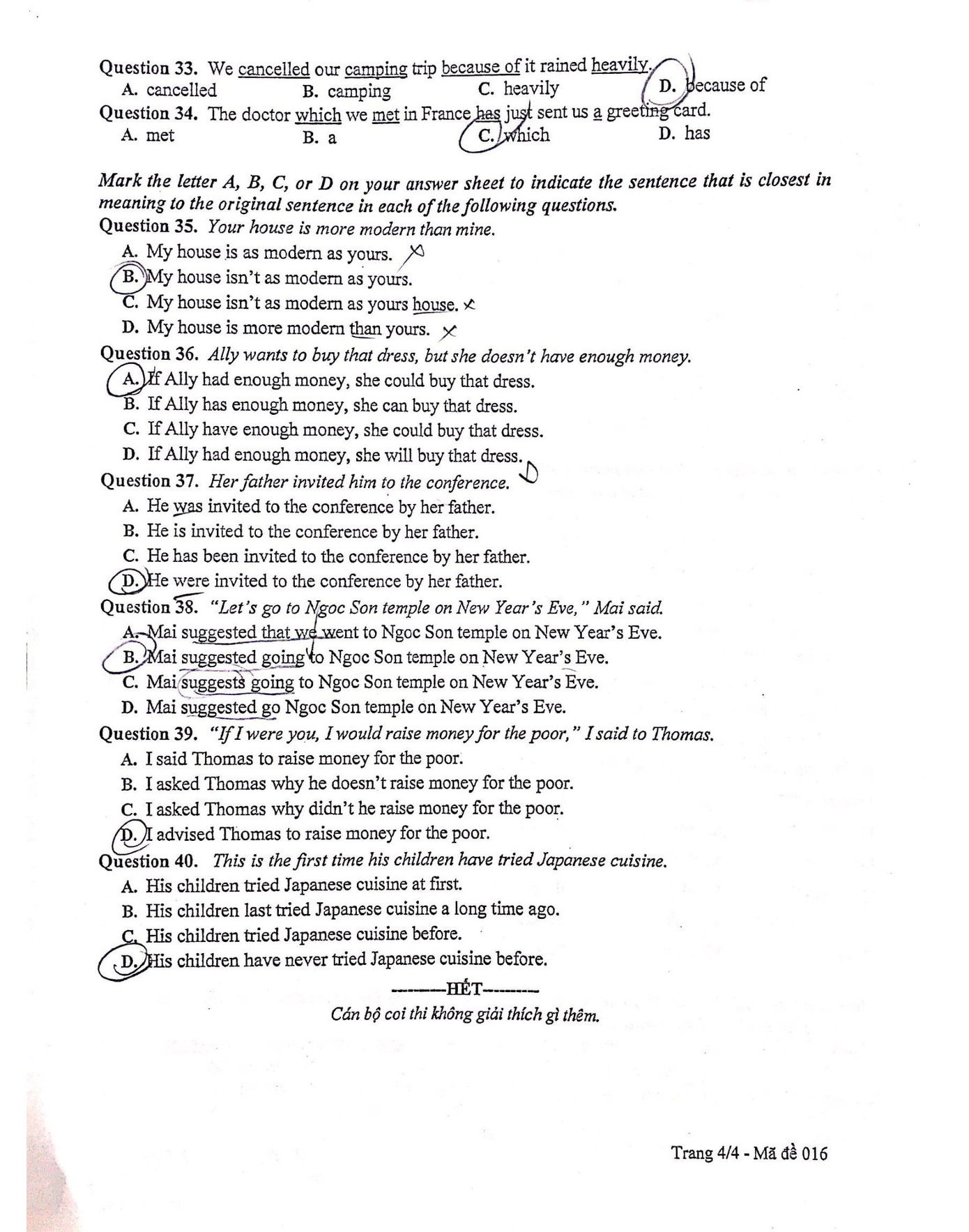 Gợi ý đáp án đề thi môn Tiếng Anh kỳ thi tuyển sinh lớp 10 THPT của Hà Nội ảnh 4