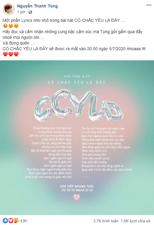 HOT: Sơn Tùng M-TP tiết lộ phần lời bài hát trong sáng tác mới “Có chắc yêu là đây“ ảnh 1