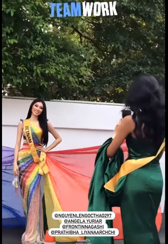 Mặc lại váy lục sắc của Hương Giang, Ngọc Thảo nổi bật tại buổi chụp hình ở Miss Grand ảnh 9