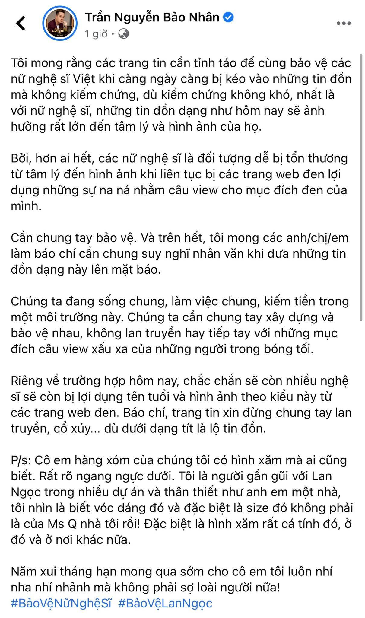 Bài đăng của đạo diễn Trần Nguyễn Bảo Nhân. Ninh Dương Lan Ngọc bức xúc, phủ nhận là nữ chính trong đoạn clip nóng đang gây xôn xao ảnh 3