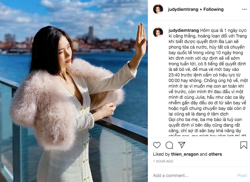 Á hậu Diễm Trang bị mắc kẹt ở Ba Lan vì lệnh phong toả cả nước do dịch Covid-19 ảnh 1