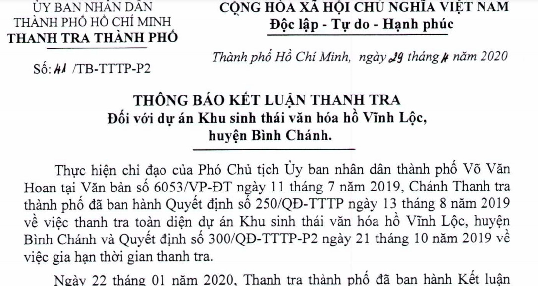 Thanh tra TPHCM ‘tuýt còi’ quyết định dừng dự án hồ Vĩnh Lộc của cấp trên ảnh 2