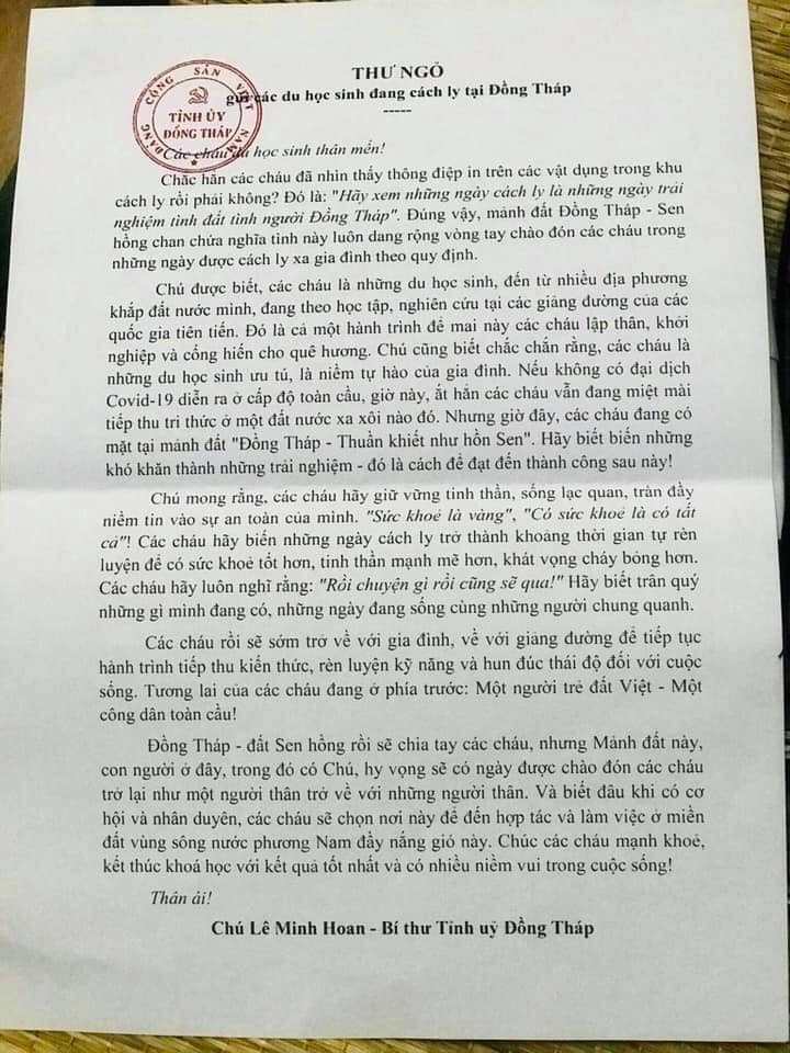 Bí thư Tỉnh ủy Đồng Tháp động viên du học sinh đang cách ly tại tỉnh ảnh 1