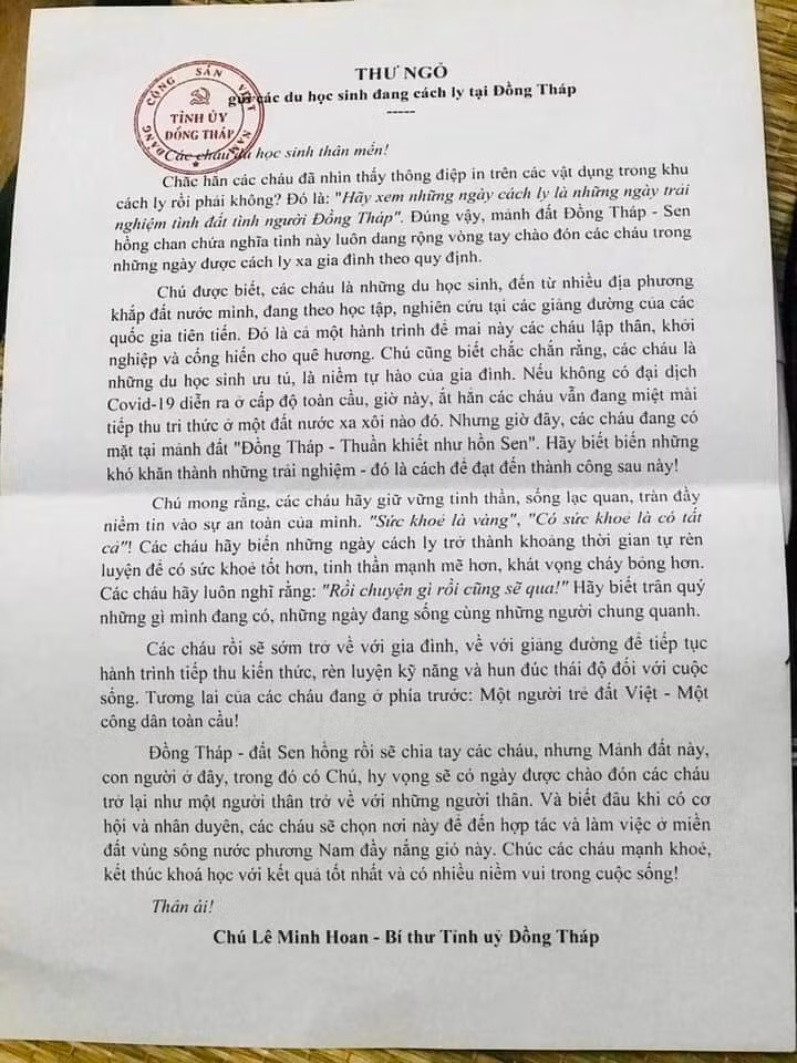 Bí thư Tỉnh ủy Đồng Tháp động viên du học sinh đang cách ly tại tỉnh ảnh 1
