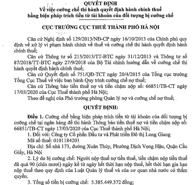 Long Giang Land bị Cục thuế Hà Nội cưỡng chế thuế gần 5,4 tỷ đồng ảnh 1