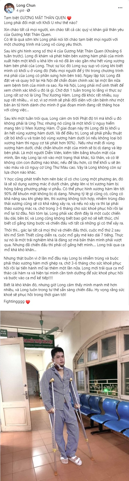 Long Chun xin rút khỏi ‘Gương mặt thân quen’ vì phát hiện khối u ở xương hàm ảnh 1