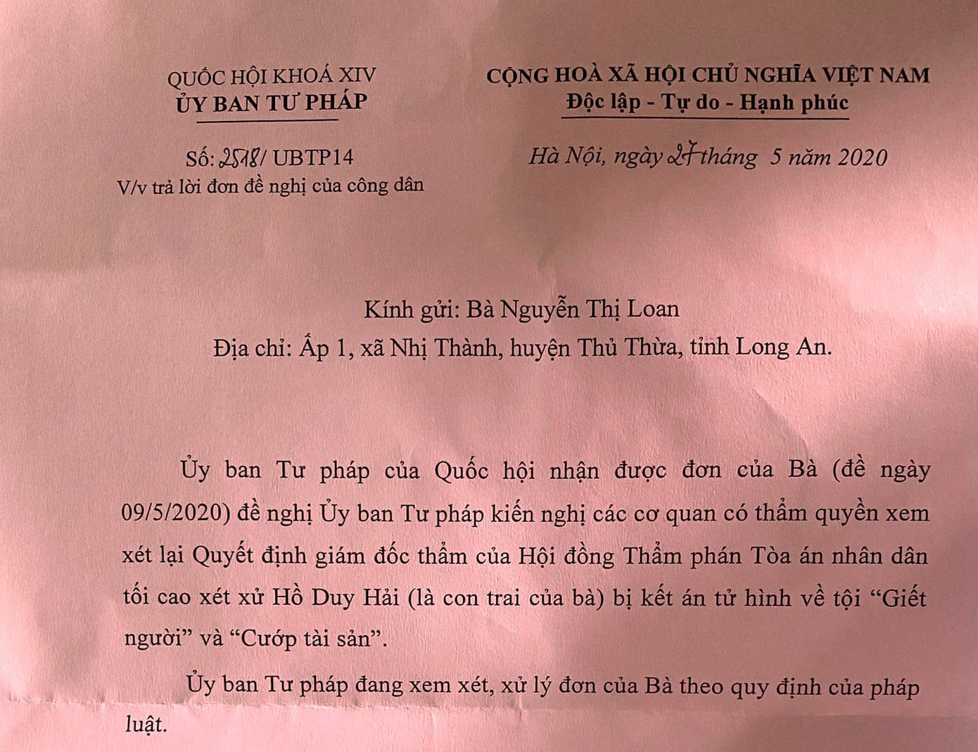 Ủy ban Tư pháp Quốc hội xem xét kiến nghị của mẹ tử tù Hồ Duy Hải ảnh 1