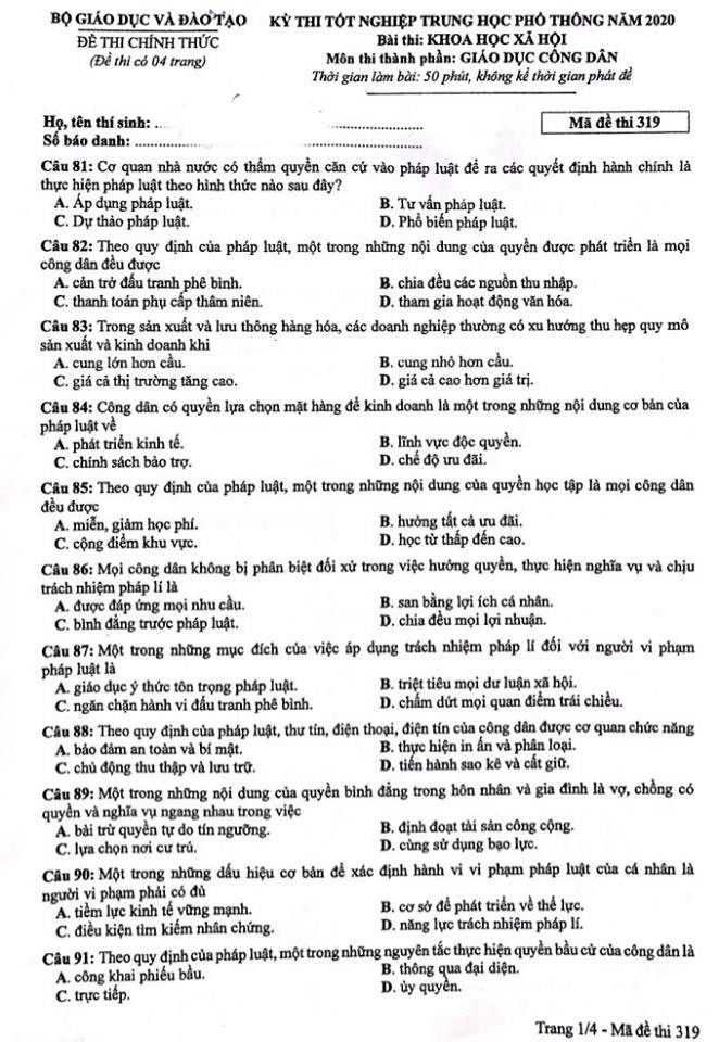 Gợi ý đáp án bài thi tổ hợp Khoa học Xã hội của kỳ thi tốt nghiệp THPT Quốc gia 2020 ảnh 2