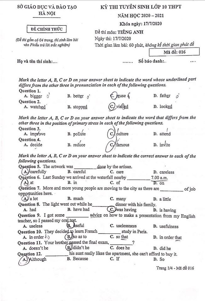 Đáp án và nhận định đề thi môn Tiếng Anh lớp 10 THPT tại Hà Nội năm 2020 ảnh 1