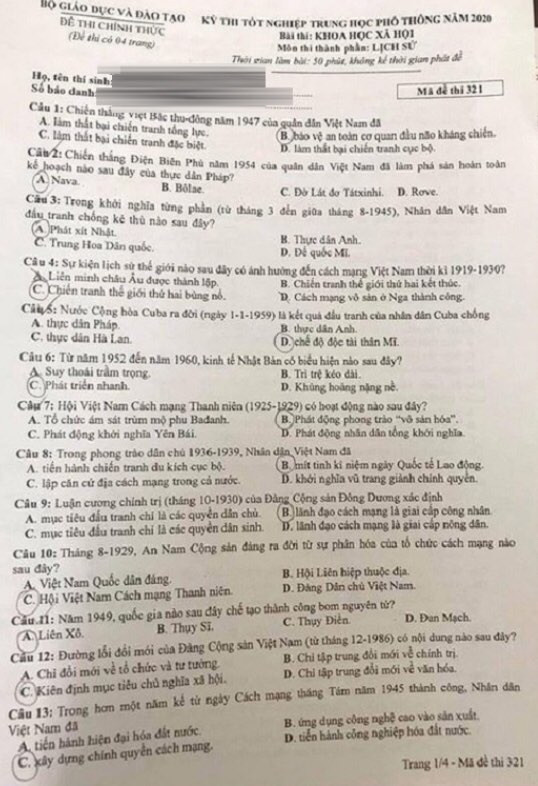 Gợi ý đáp án bài thi tổ hợp Khoa học Xã hội của kỳ thi tốt nghiệp THPT Quốc gia 2020 ảnh 8