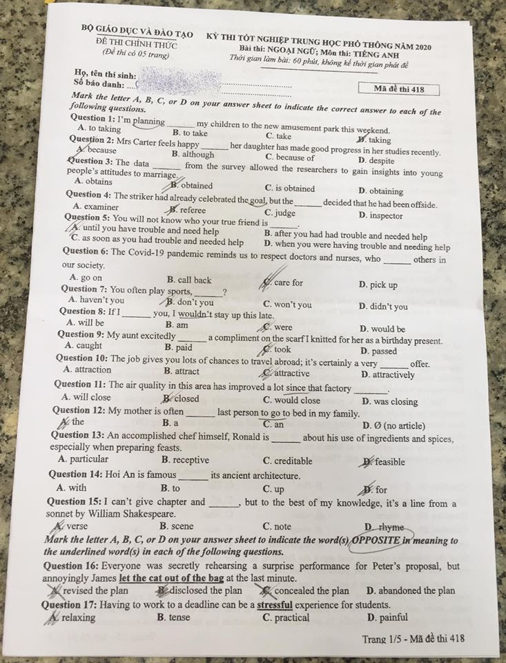 NÓNG: Gợi ý đáp án bài thi tiếng Anh kỳ thi tốt nghiệp THPT Quốc gia năm 2020 ảnh 1