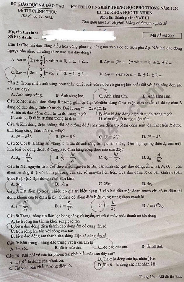 So ngay đáp án bài thi tổ hợp Khoa học Tự nhiên của kỳ thi Tốt nghiệp THPT 2020 ảnh 16