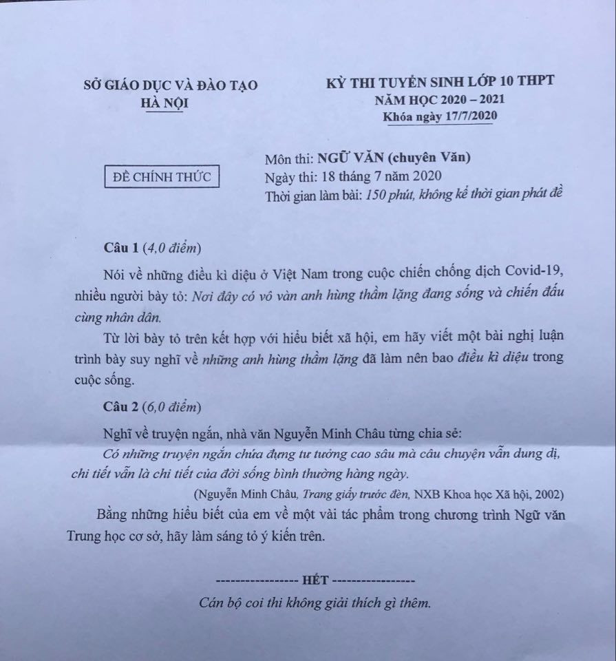 Thi lớp 10 chuyên Hà Nội: Đề Văn bàn về “những anh hùng thầm lặng”, đề Toán khó nhằn ảnh 1