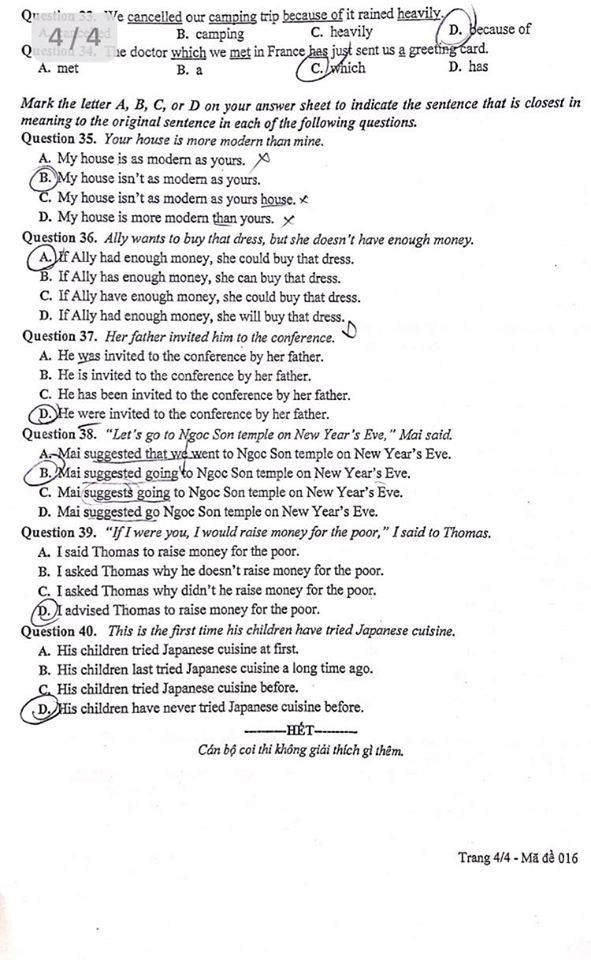 Đáp án và nhận định đề thi môn Tiếng Anh lớp 10 THPT tại Hà Nội năm 2020 ảnh 4