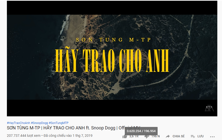 MV "Hãy trao cho anh" với số lượt like và lượt xem "khủng" (Ảnh chụp màn hình) Sắp đạt 100 triệu view, “Có chắc yêu là đây” vừa giúp Sơn Tùng M-TP lập thêm kỉ lục mới ảnh 2